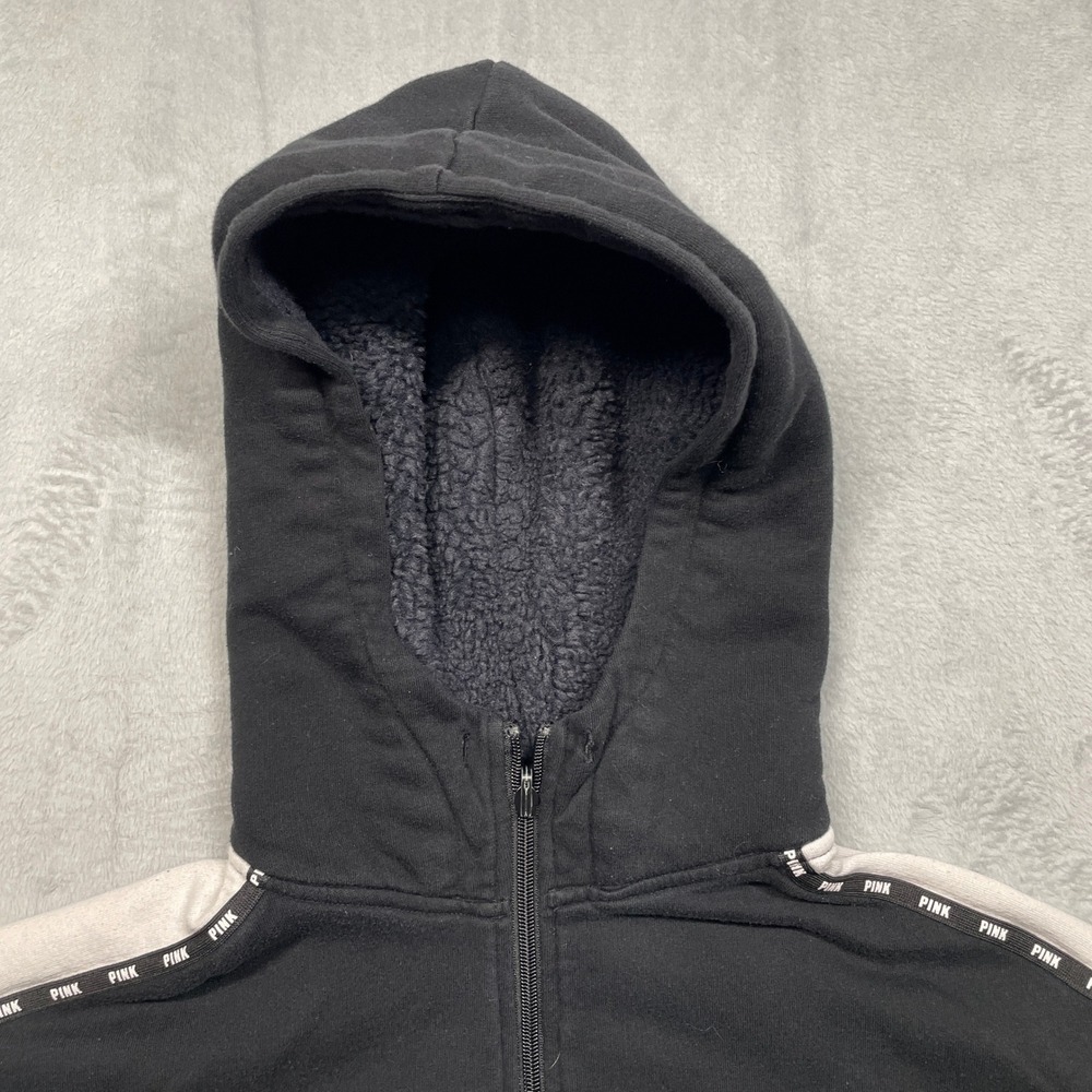 PINK Victoria's Secret Zip Hoodie Women Medium Black Sherpa Hood white Stripe - Picture 4 of 11